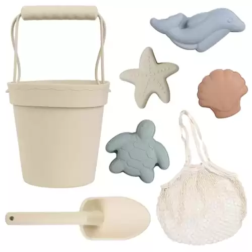 BLUE GINKGO Silicone Beach Toys - Modern Baby Travel Friendly Beach Set | Bucket, Shovel, 4 Sand Molds, Bag | Sand Toys for Toddlers, Kids - 7pc (Beige)