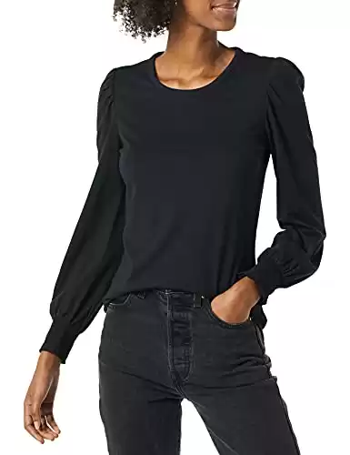 Long-Sleeve Crewneck Smocked Cuff T-Shirt, Black, Medium